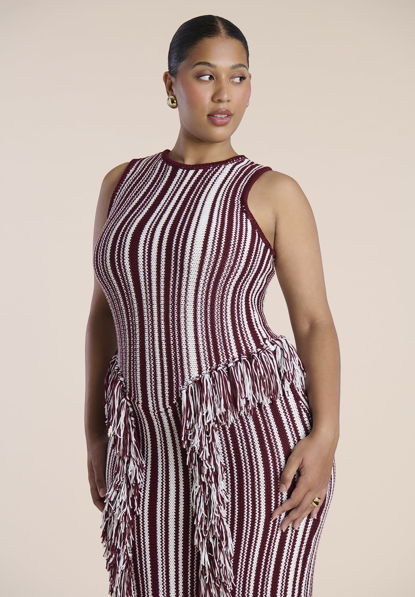 Peplum Fringe-Detail Sweater Maxi Dress image number 2