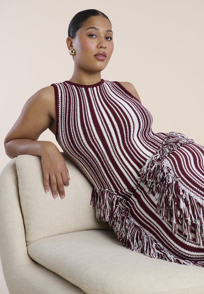 Peplum Fringe-Detail Sweater Maxi Dress image number 3