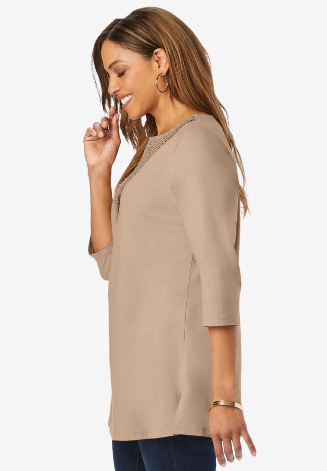 Stretch Cotton Crochet Notch Neck Tunic image number 1