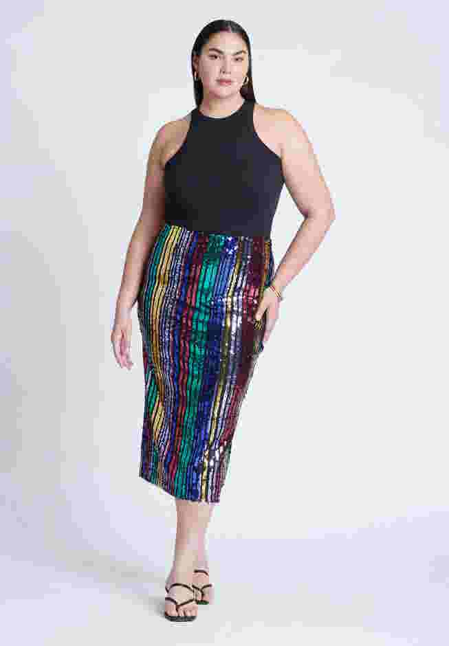 Rainbow Striped Sequin Midi Skirt image number 0