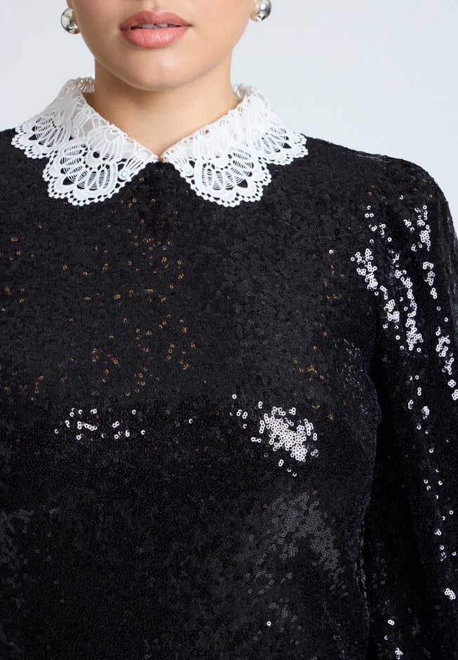 Lace Collar Sequin Mini Dress image number null