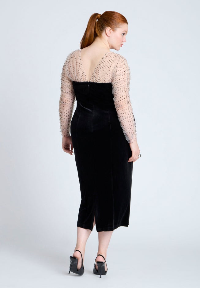 Velvet Midi Dress With Polka Dot Sleeve image number 1