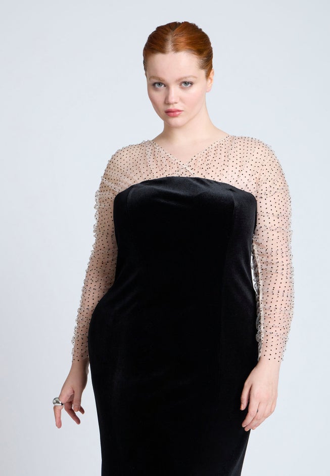 Velvet Midi Dress With Polka Dot Sleeve image number 2