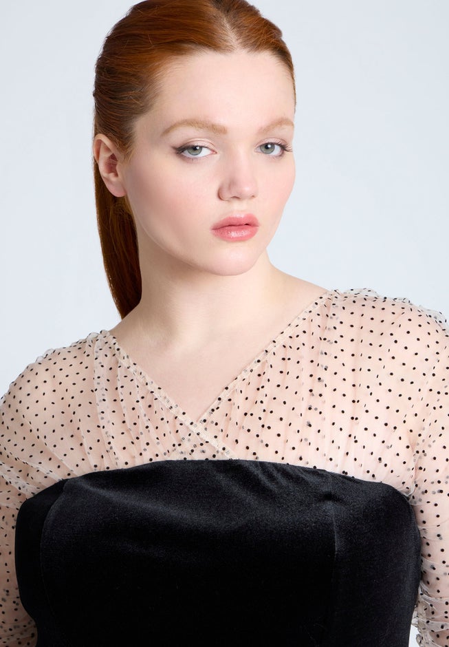 Velvet Midi Dress With Polka Dot Sleeve image number 3