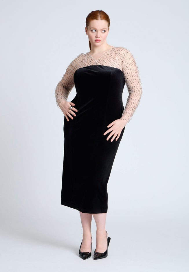 Velvet Midi Dress With Polka Dot Sleeve image number 0
