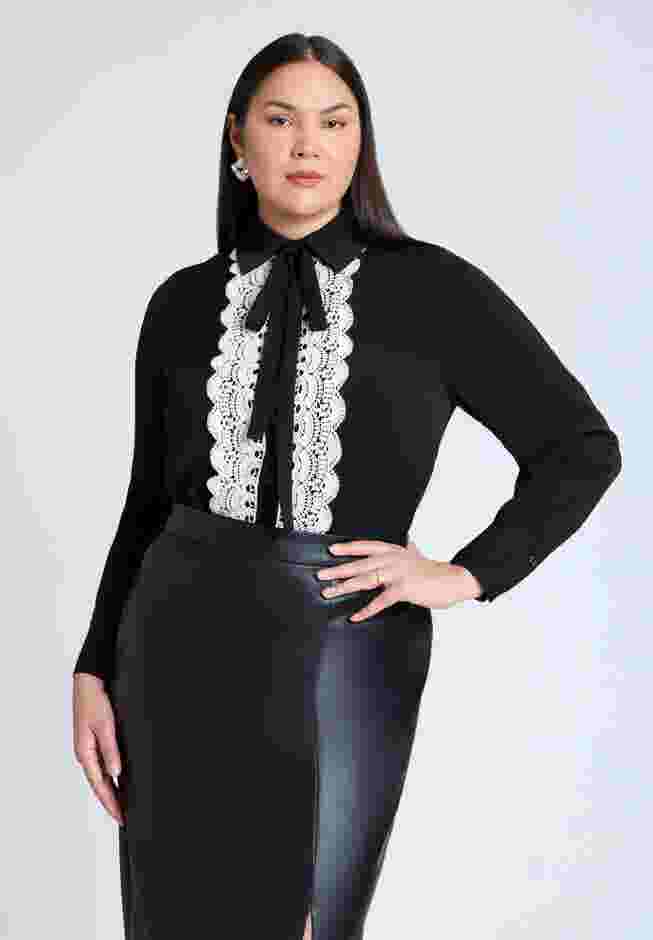 Collared Shirt With Lace-Trimmed Placket image number 1