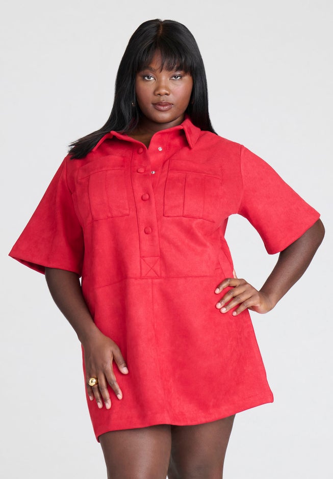 Faux Suede Mini Shirt Dress image number null