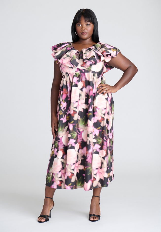 Ruffle Neckline Floral Dress image number 0