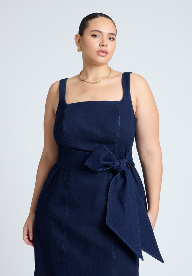 Tie Detail Denim Midi Dress image number 3