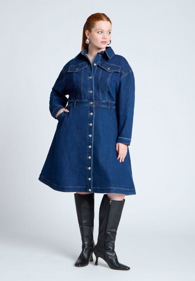 Denim Fit And Flare Shirt Dress image number 0