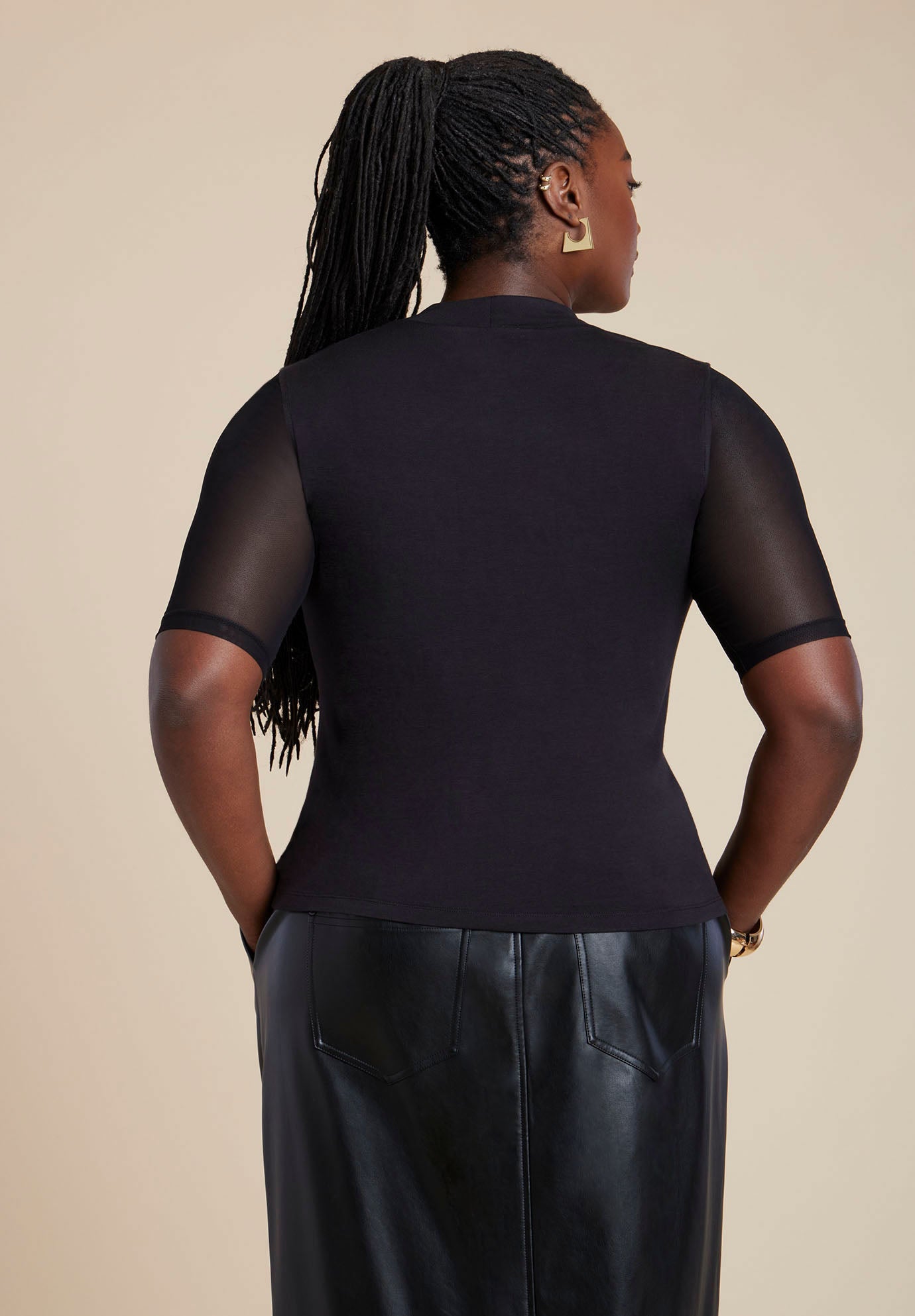 Shirred Mockneck Top With Sheer Sleeve image number 1