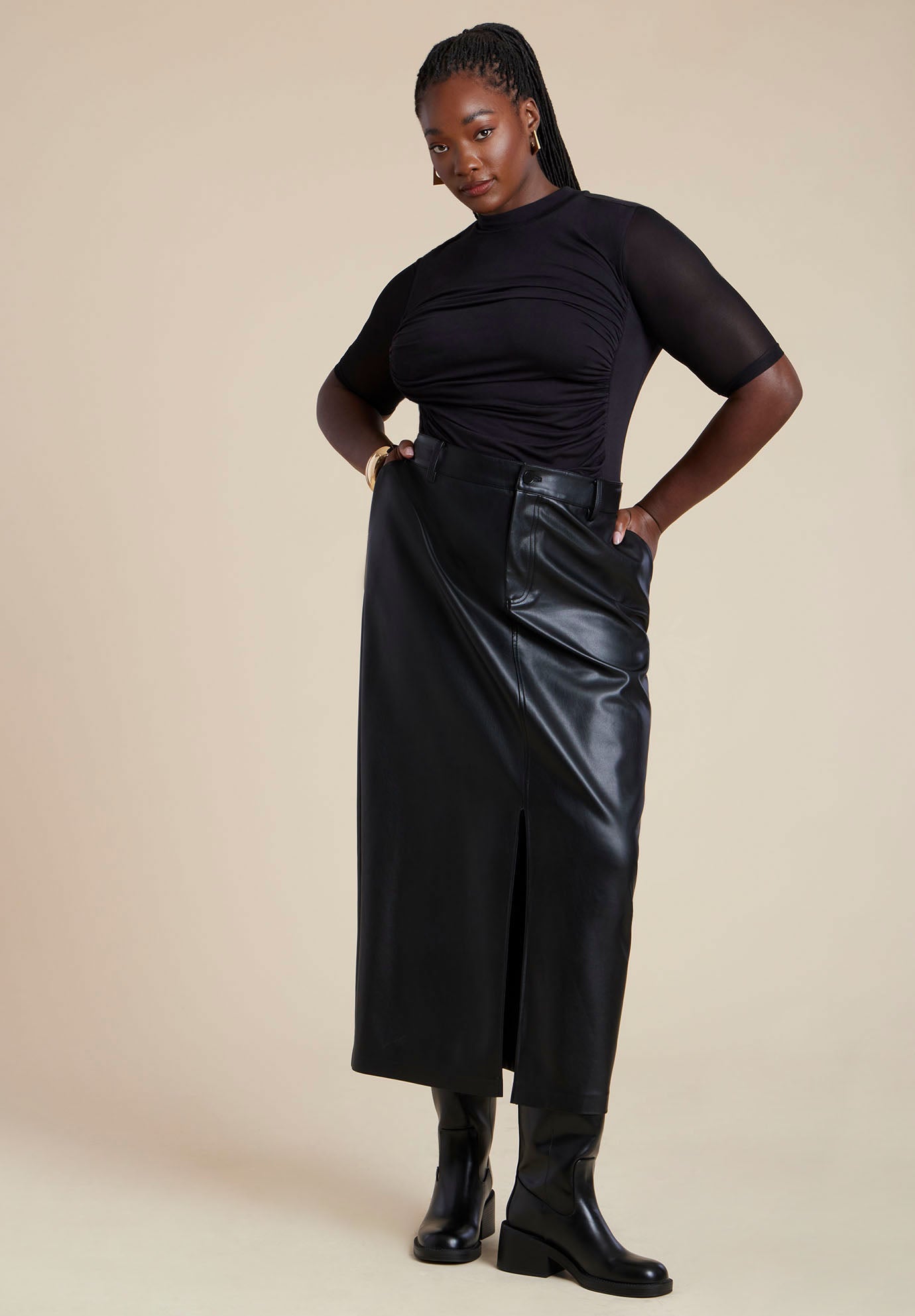 Shirred Mockneck Top With Sheer Sleeve image number 2