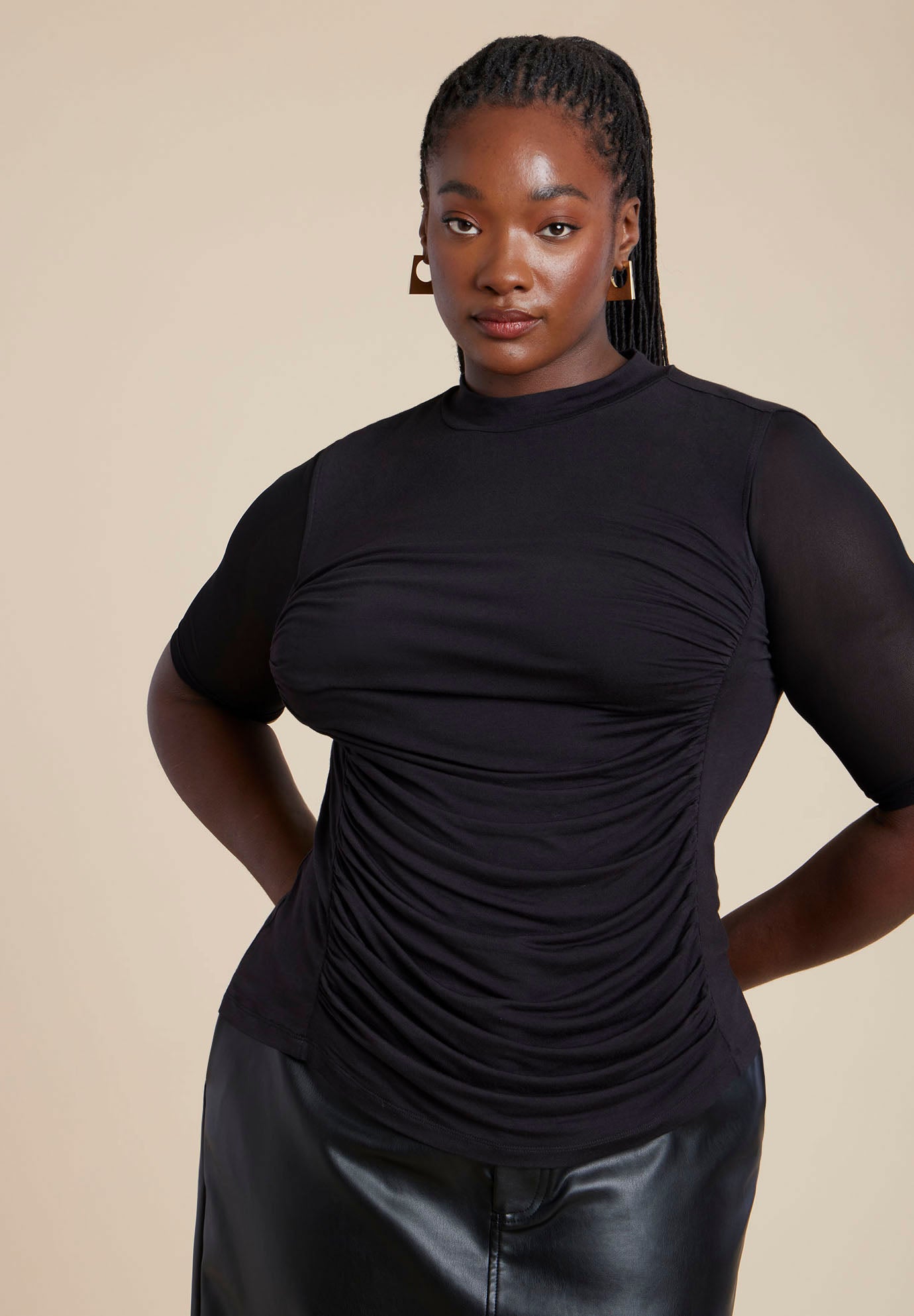 Shirred Mockneck Top With Sheer Sleeve image number 0