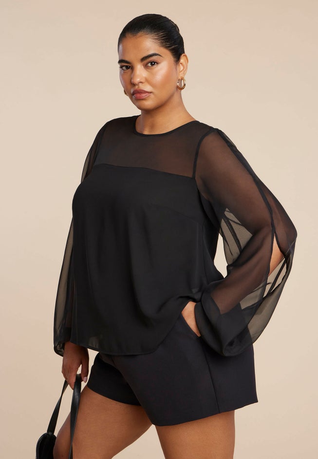 Draped Sheer Sleeve Blouse image number null