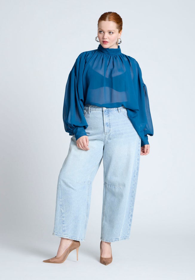 Sheer Mock Neck Cape Blouse image number null