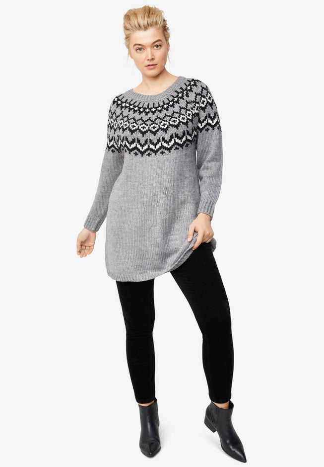 Oversized fair isle sweater with black leggings