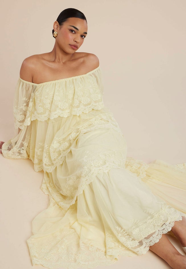tiered lace dress Ivory Prom Dresses A-Line Off the Shoulder Tiered Lace Prom Dress with Slit