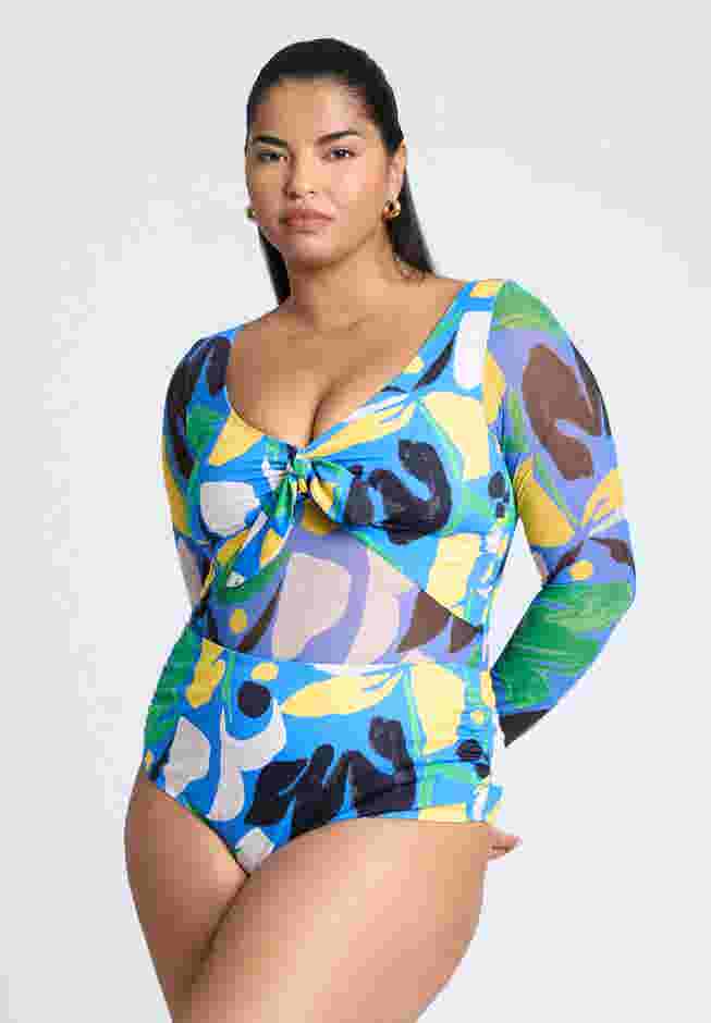 Tie Front Mixed Media One Piece Swimsuit image number 1