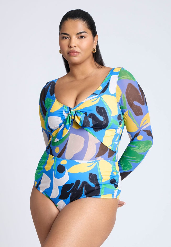 Tie Front Mixed Media One Piece Swimsuit image number 1