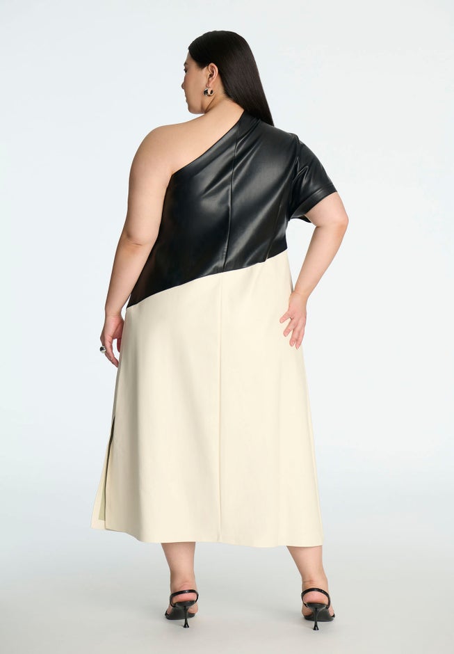 One Shoulder Colorblock Faux Leather Dress image number 1