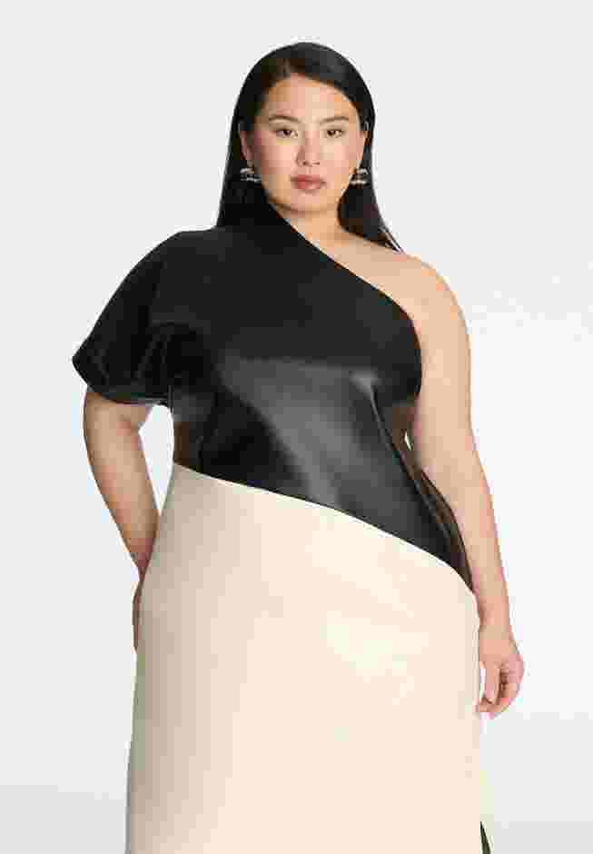 One Shoulder Colorblock Faux Leather Dress image number 2