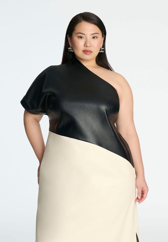 One Shoulder Colorblock Faux Leather Dress image number 2