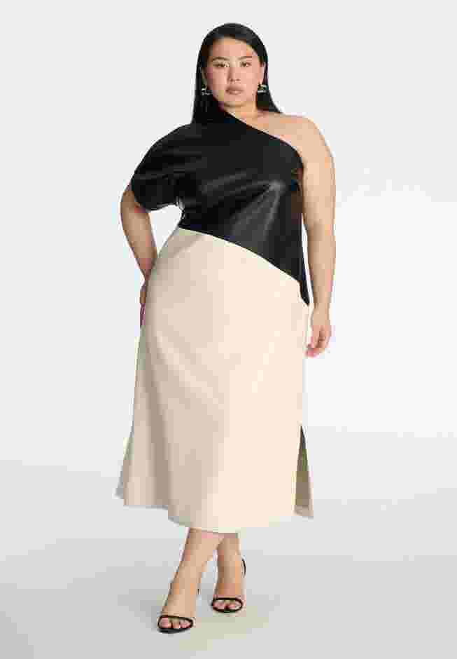 One Shoulder Colorblock Faux Leather Dress image number 0