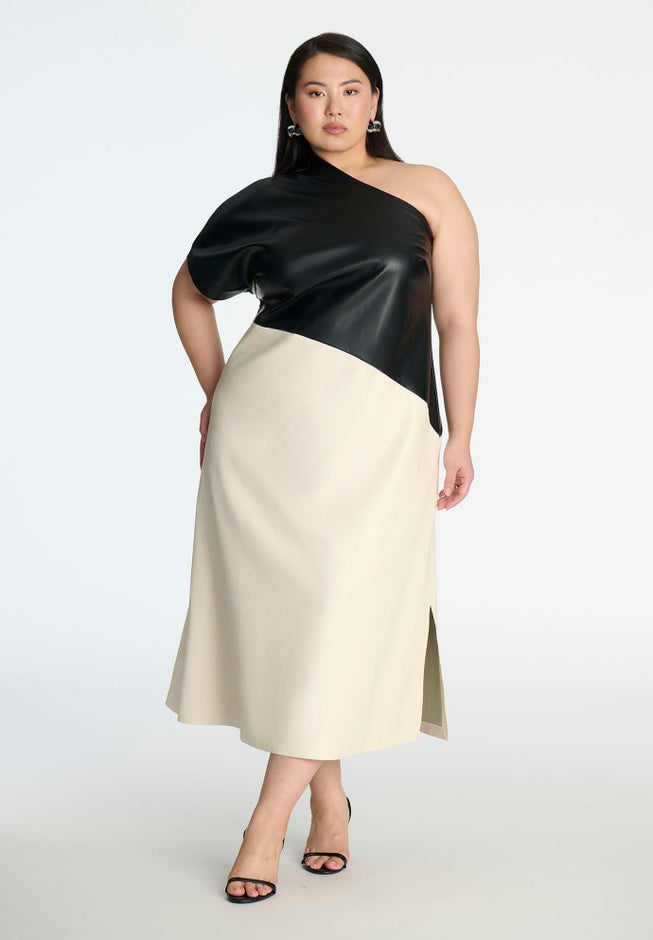 One Shoulder Colorblock Faux Leather Dress image number 0