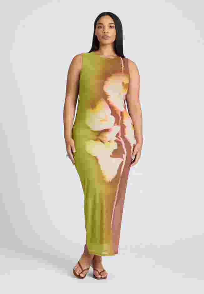 Printed Mesh Dress With Shirring image number 1
