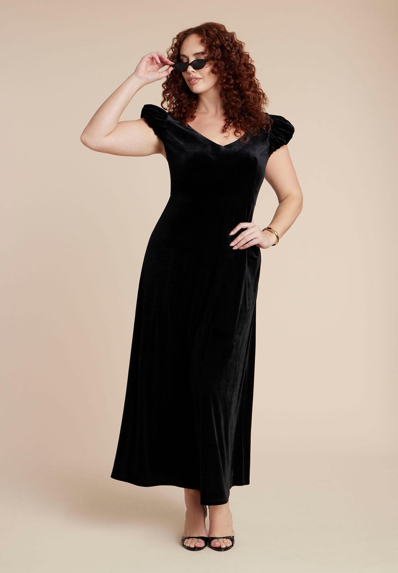  Velvet Short Puff Sleeve Maxi Dress image number 0