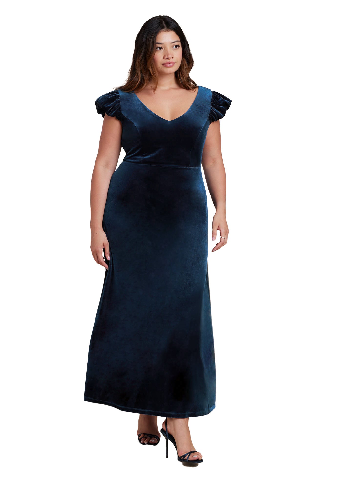  Velvet Short Puff Sleeve Maxi Dress image number 0