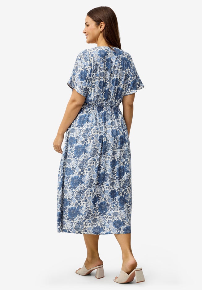 V-Neck Elastic Waist Midi Dress image number 1