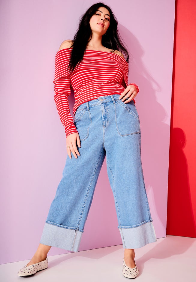 Wide-Leg Cropped Cuffed Jeans image number 0