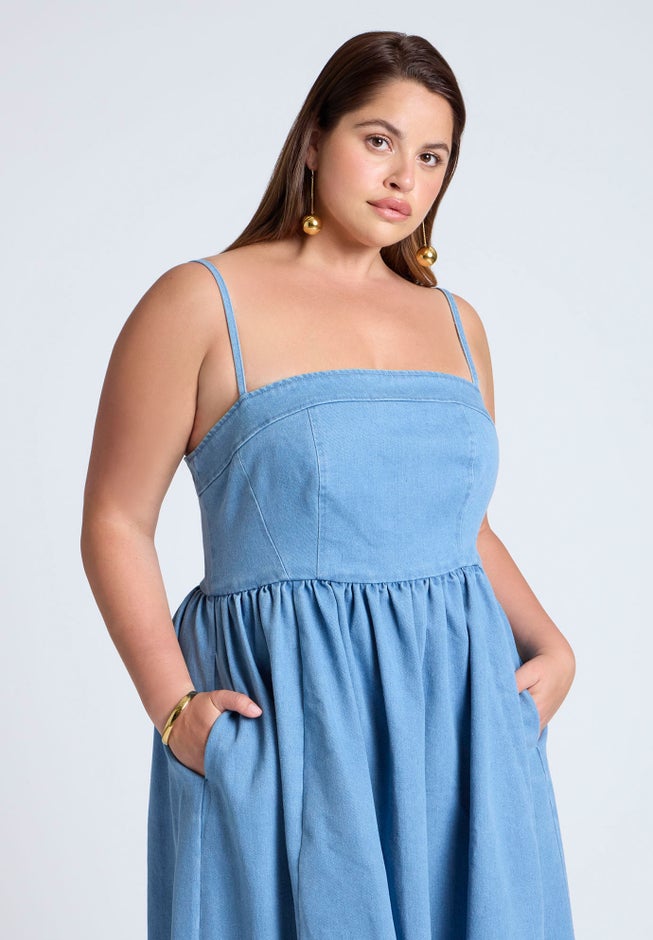 Denim Corset Bodice Midi Dress image number null