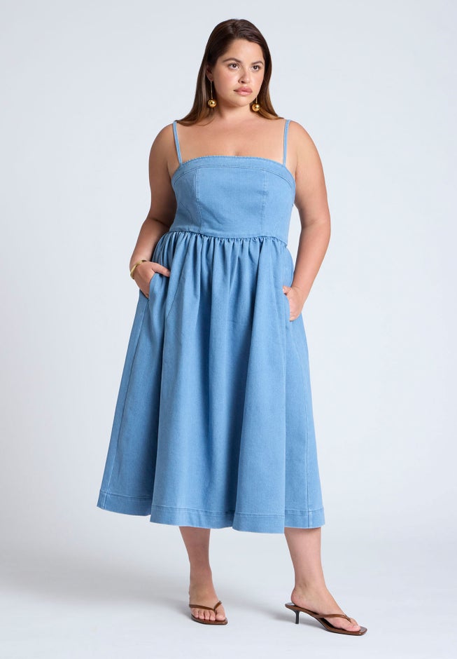 Denim Corset Bodice Midi Dress image number null