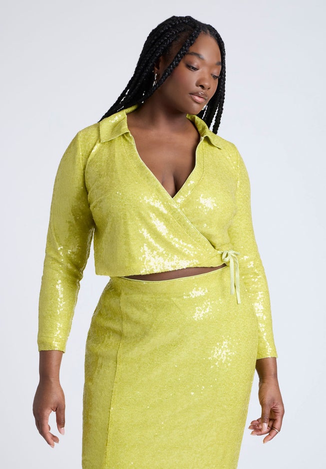 Sequin Wrap Collared Top image number 0