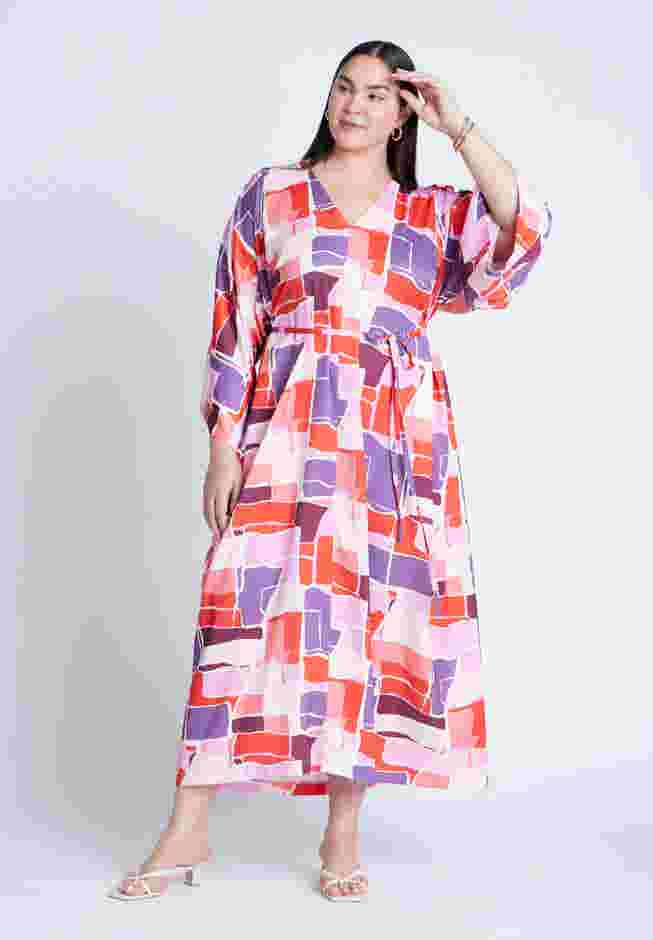 Printed Kimono Dress With Tie image number 1