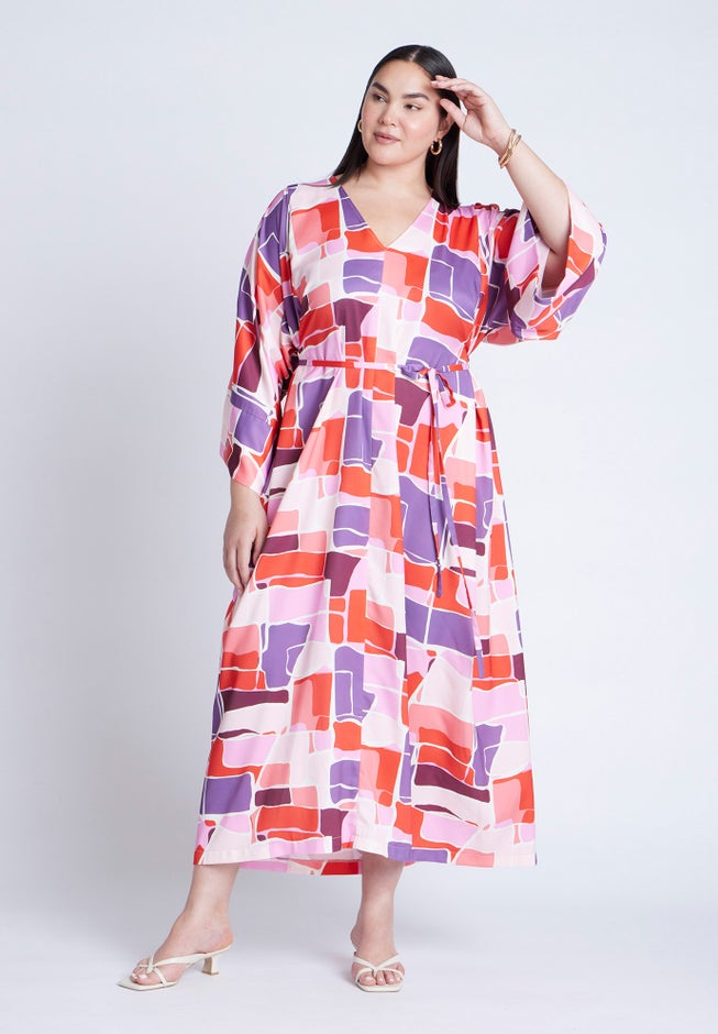 Printed Kimono Dress With Tie image number 1