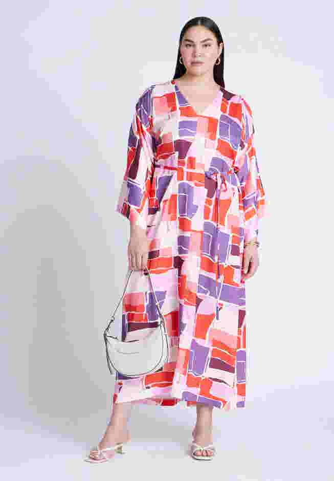 Printed Kimono Dress With Tie image number 3