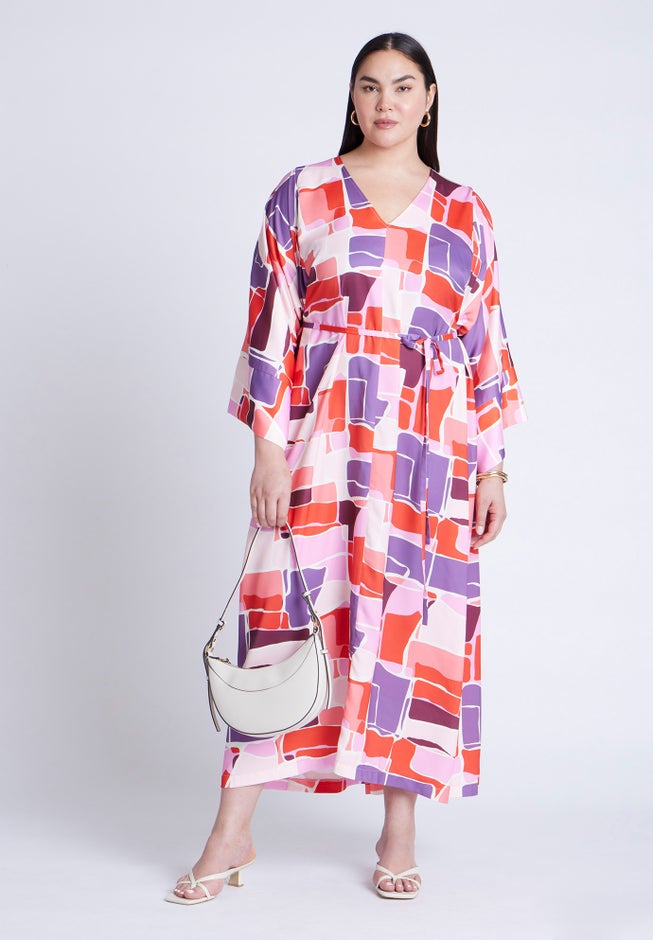 Printed Kimono Dress With Tie image number 3