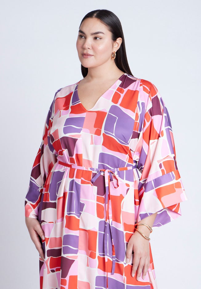Printed Kimono Dress With Tie image number 4