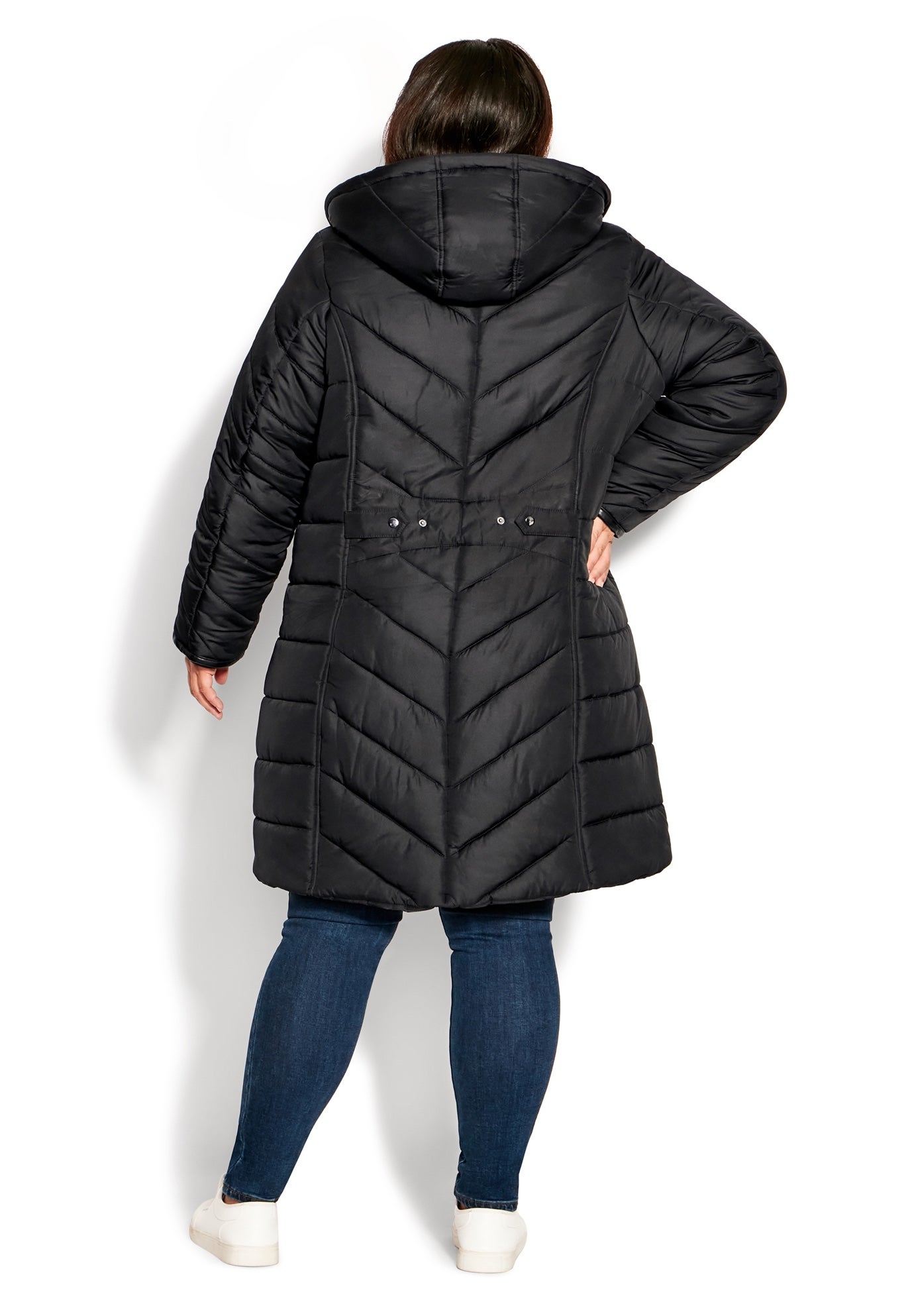 Chevron Faux Fur Hood Long Puffer Coat image number 1