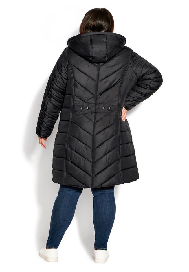 Chevron Faux Fur Hood Long Puffer Coat image number 1