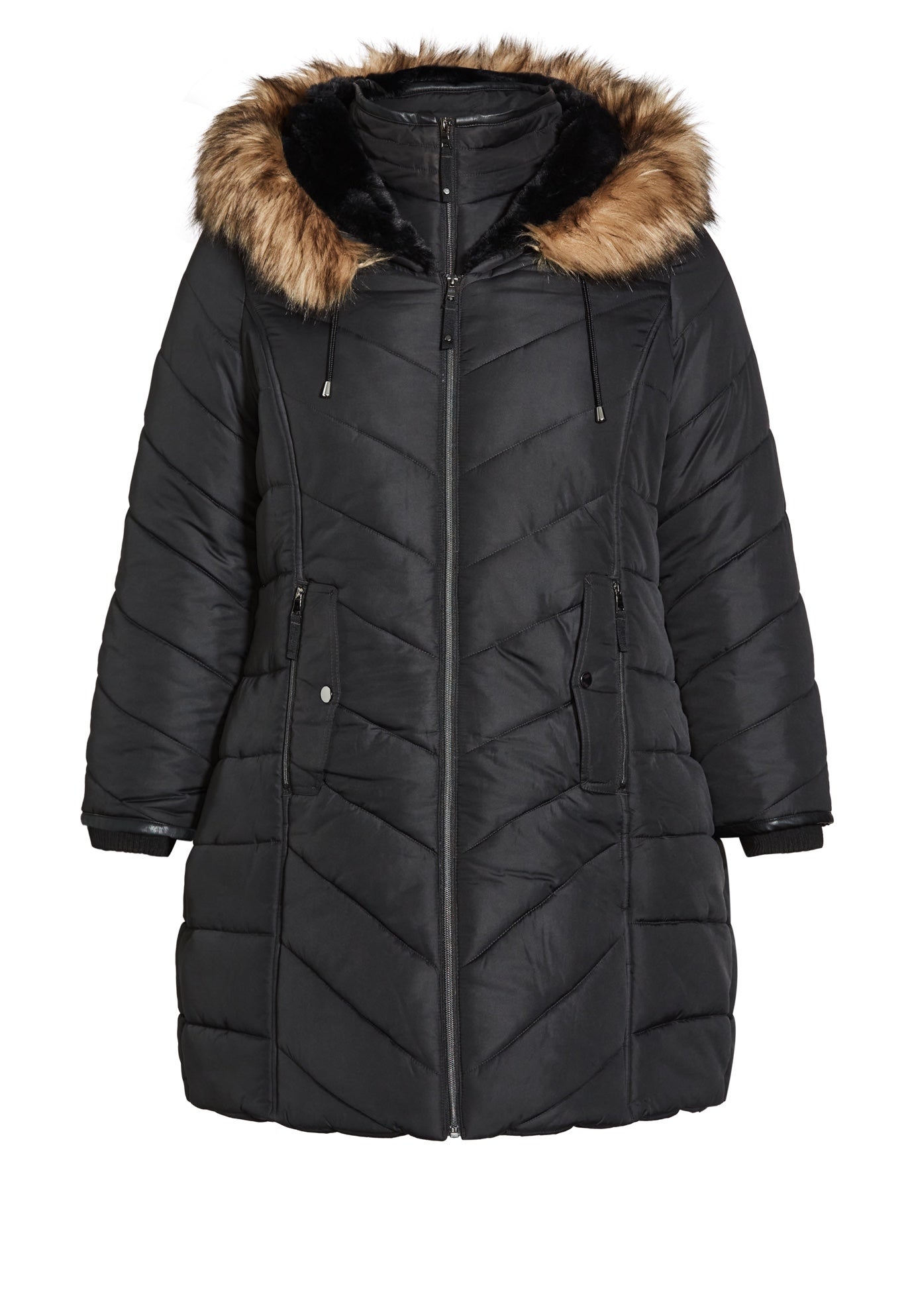 Chevron Faux Fur Hood Long Puffer Coat image number 2