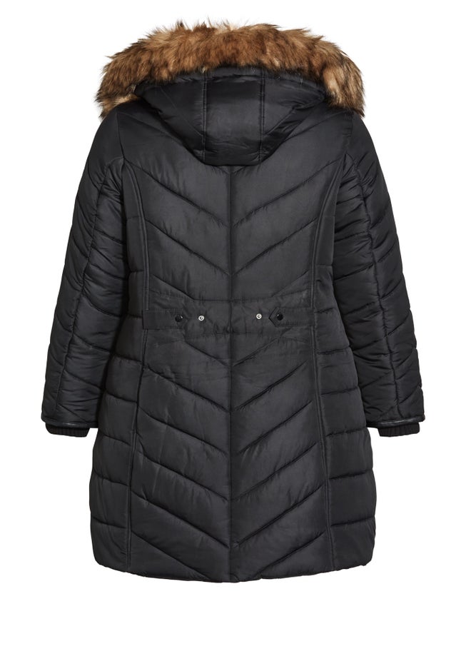 Chevron Faux Fur Hood Long Puffer Coat image number 3