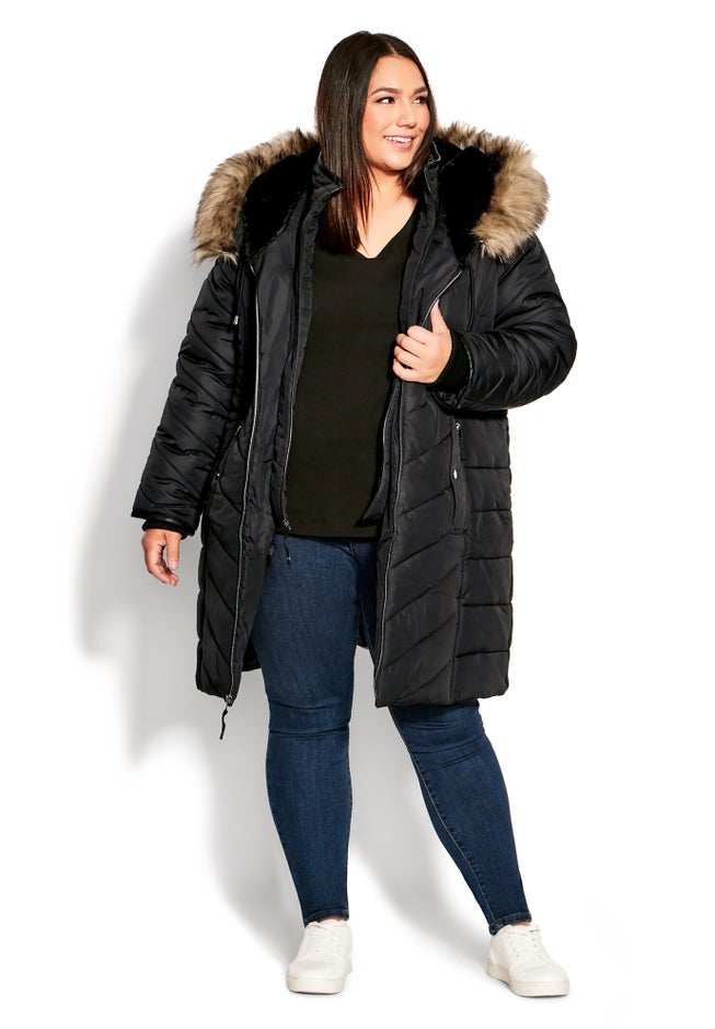 Chevron Faux Fur Hood Long Puffer Coat image number 7