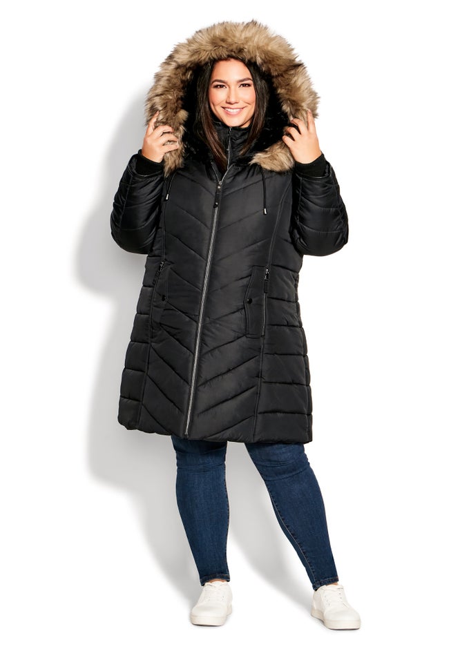 Chevron Faux Fur Hood Long Puffer Coat image number 9