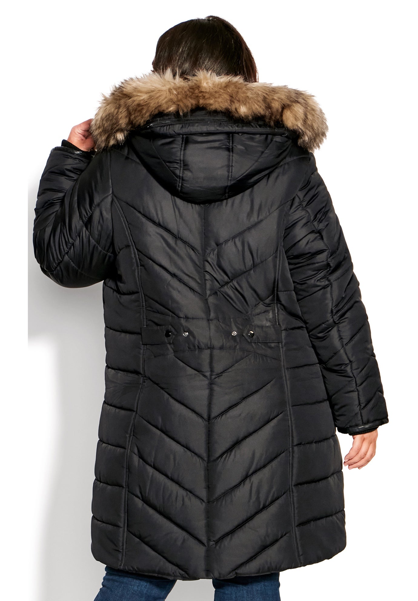Chevron Faux Fur Hood Long Puffer Coat image number 10