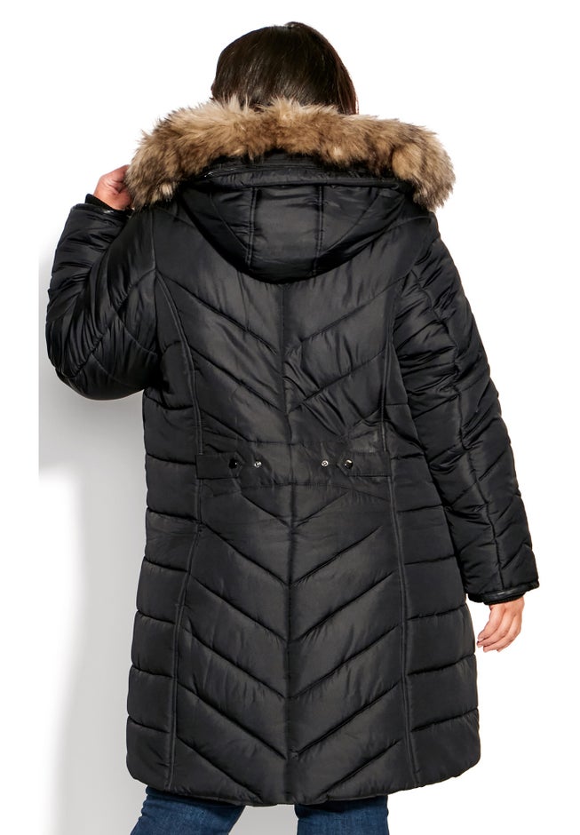 Chevron Faux Fur Hood Long Puffer Coat image number 10