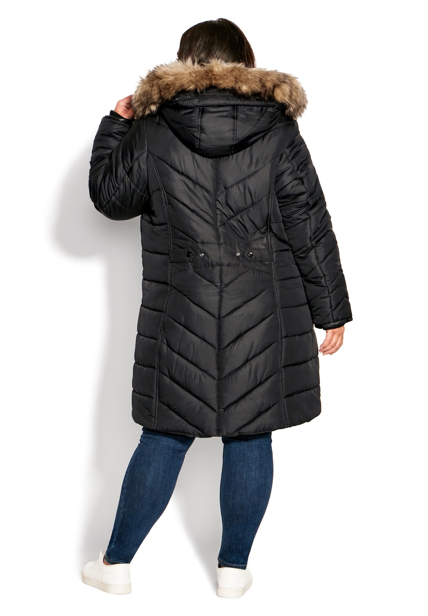 Chevron Faux Fur Hood Long Puffer Coat image number 11